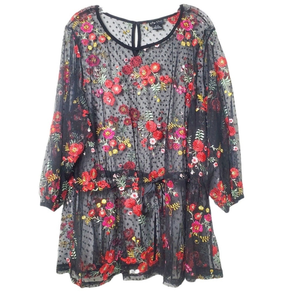 City Chic Sheer Black Red Roses Embroidered Blouse Drawstring Waist Plus Size 22